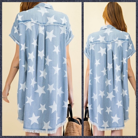 RESTOCKED Easel Lightweight Distressed Denim Shirt Dress - Slightly darker shade - Picture 2 of 15